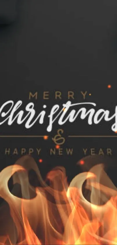 Merry Christmas wallpaper with flames and elegant font on black background.