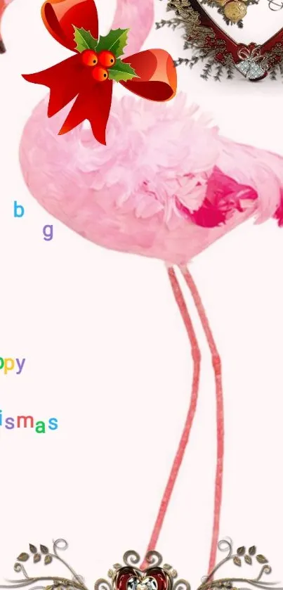 Pink flamingo with Christmas decoration and heart.