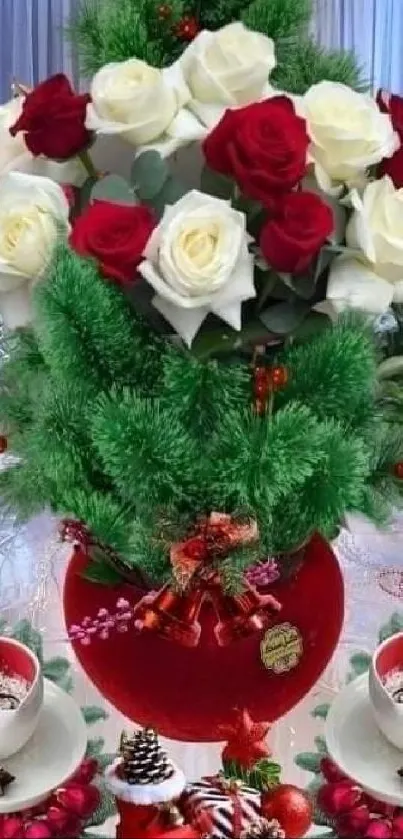 Festive Christmas floral display with red and white roses and holiday decorations.