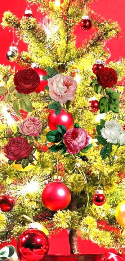 Festive Christmas tree with roses on a red background.