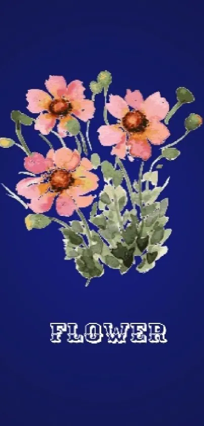 Dark blue mobile wallpaper with pink flowers and golden ornaments.