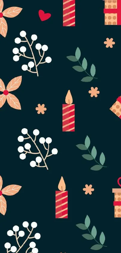 Festive phone wallpaper with flowers, gifts, and candles on a dark background.