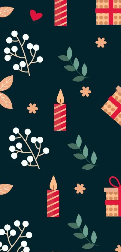 Festive floral and gift pattern on a dark blue wallpaper.