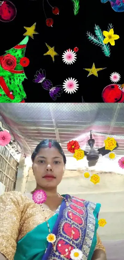 Festive floral mobile wallpaper with colorful accents and a central photo.