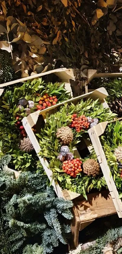 Festive wreath wallpaper with green leaves.