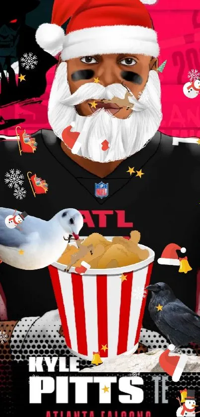 Illustrated football player in festive attire with Santa hat.