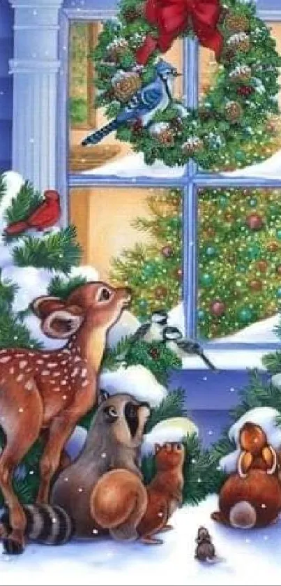 Adorable forest animals in a festive Christmas setting with snow and decorations.