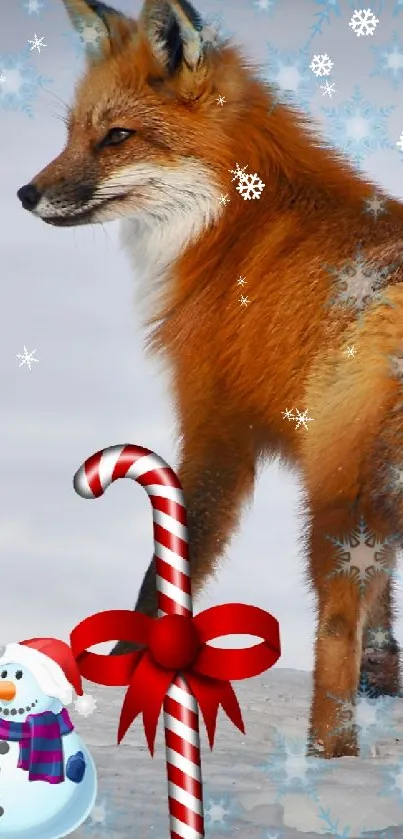Festive mobile wallpaper featuring a fox, candy cane, and snowman in winter scene.