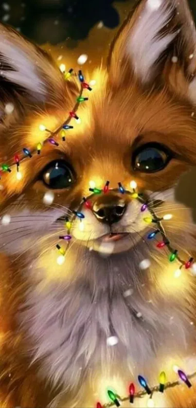 Festive fox wrapped in colorful holiday lights.