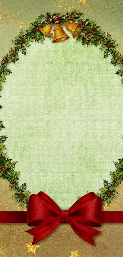 Festive green wallpaper with wreath and red ribbon.