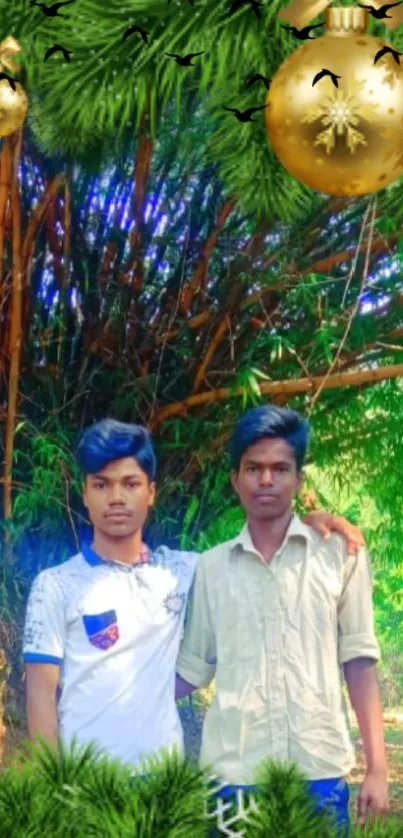 Two friends in a festive, green setting with holiday decorations.