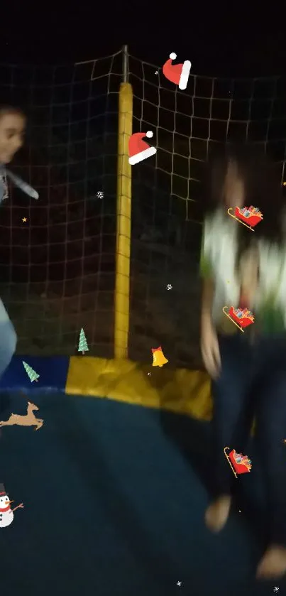 Two friends enjoy festive trampoline fun with Christmas decorations.