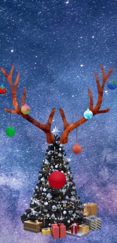 Galaxy holiday wallpaper with decorated Christmas tree and ornaments.