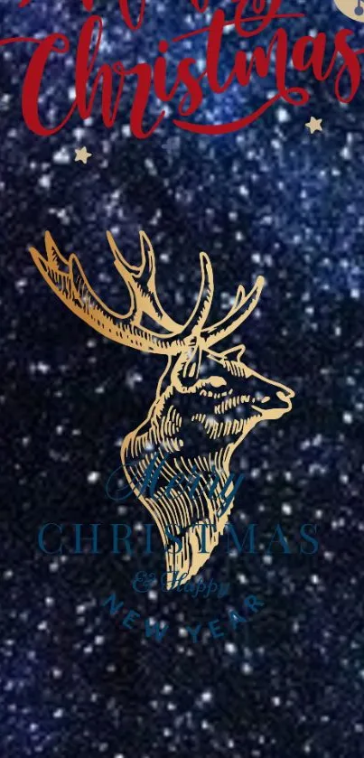 Christmas wallpaper with golden reindeer on a starry dark blue background.