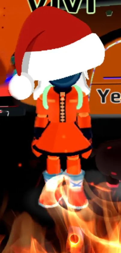 Festive gamer avatar in orange attire with fiery background.