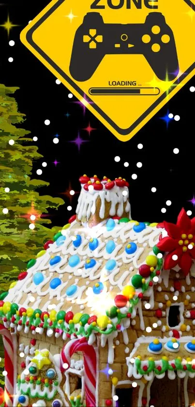 Festive Christmas mobile wallpaper with gingerbread house and gaming sign.