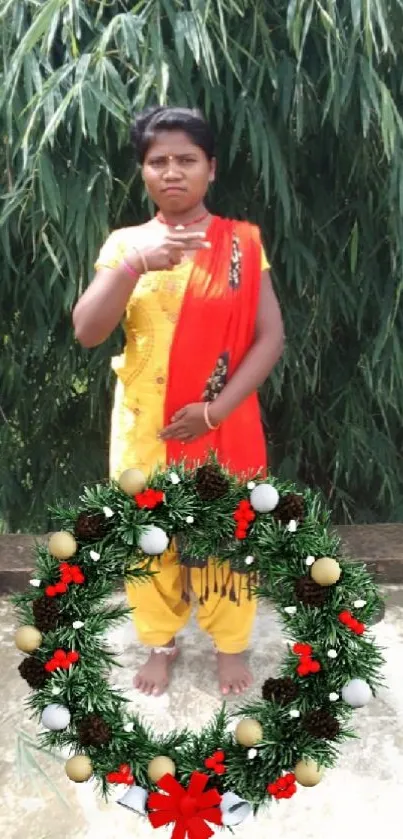 Woman in yellow and red with festive garland on green leafy background.