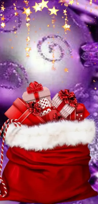 Festive red gift bag with purple and stars backdrop.