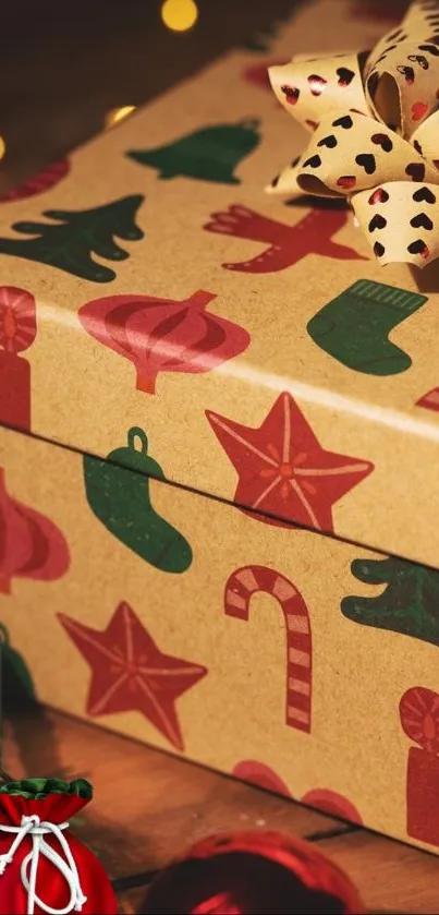 Festive gift box with holiday-themed wrapping paper and decorative bow.