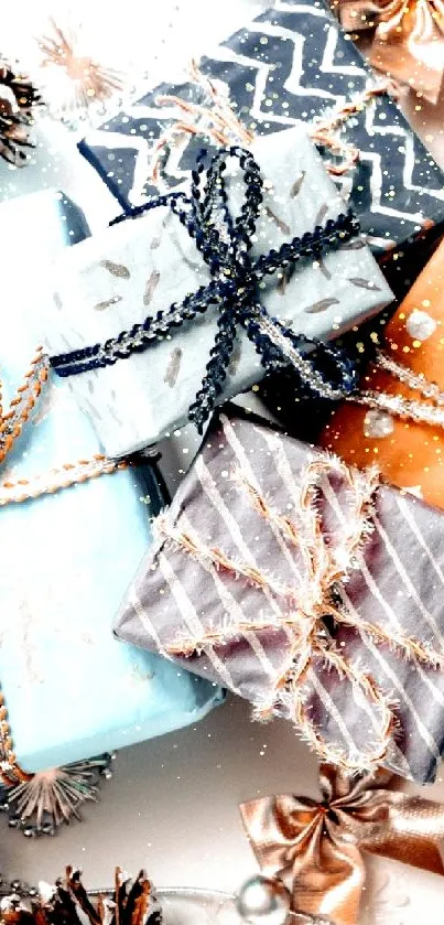 Festive wallpaper with blue and silver wrapped gifts and ornaments.
