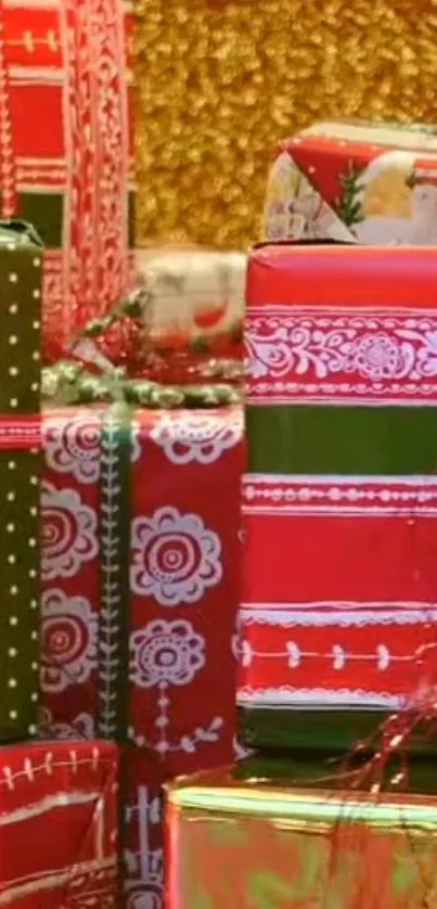 Festive red and green gift boxes on gold background.