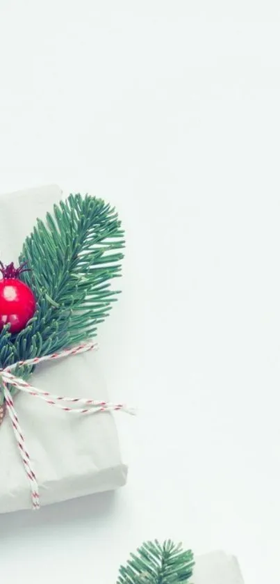 Festive gift box with greenery and ribbon on minimalist background.