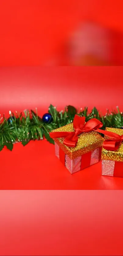 Festive gift boxes with red ribbons on a bright red background.