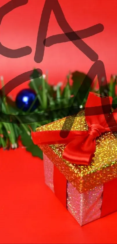 Festive wallpaper with gift boxes and green garland on red background.