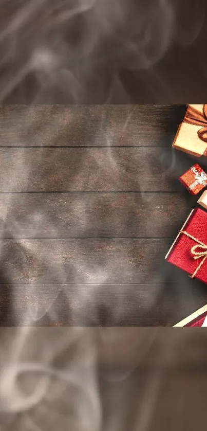 Gift boxes on warm wooden background with festive smoke.