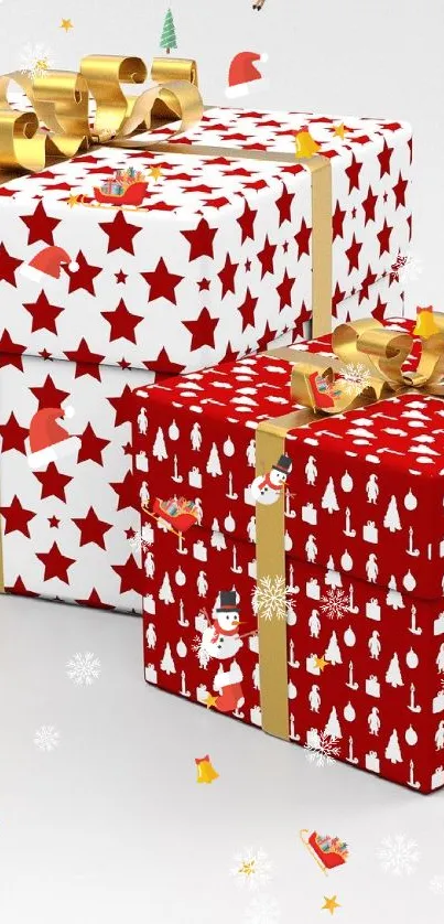 Two festive gift boxes with red star patterns and gold ribbons on white background.