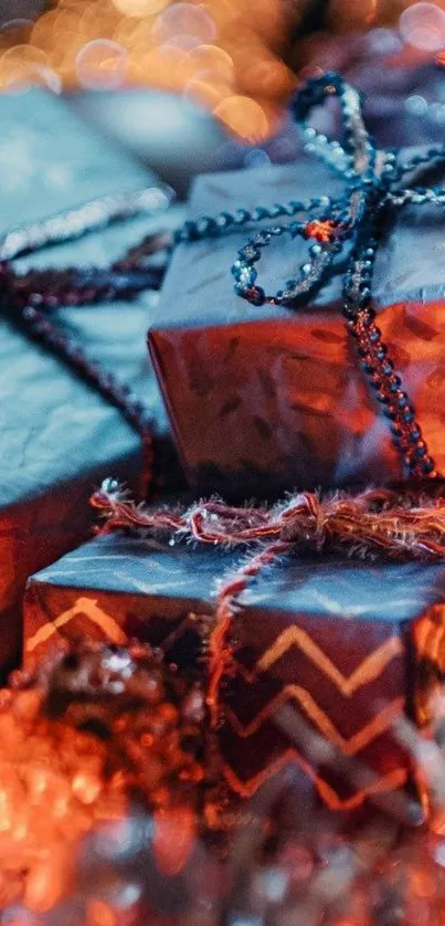 Festive gift boxes with warm bokeh lighting as mobile wallpaper.