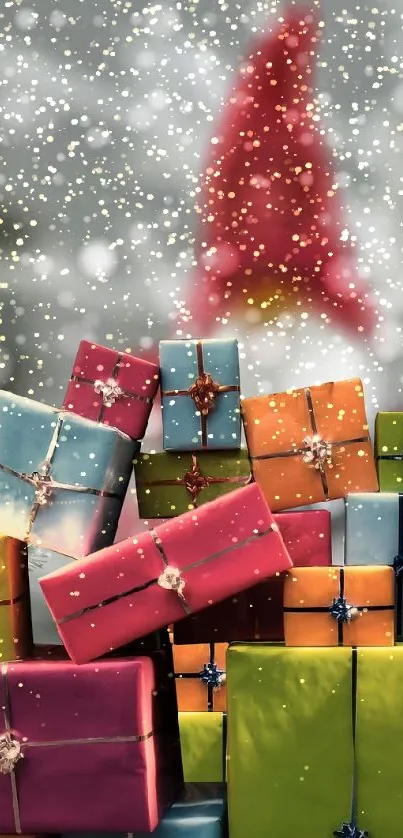 Colorful gift boxes stacked in snowy forest with pine trees.