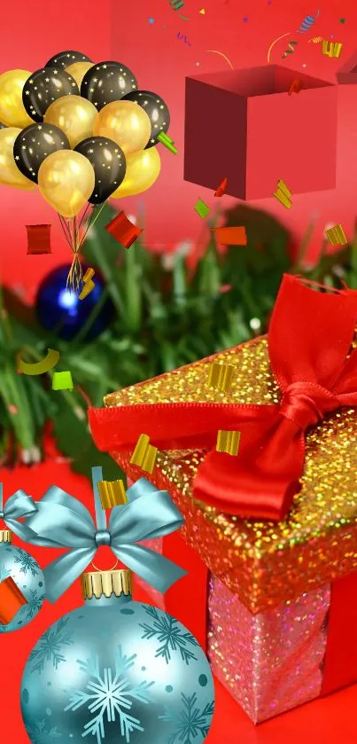 Festive wallpaper with gift box, balloons, and holiday decorations.