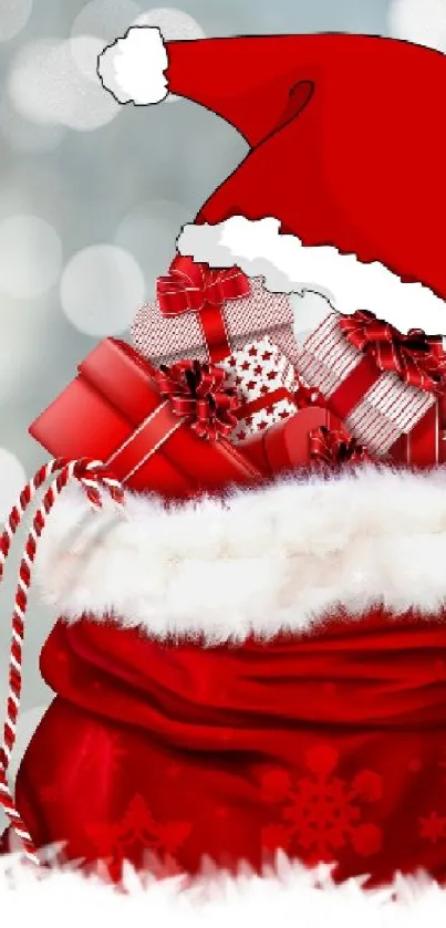 Christmas wallpaper with Santa sack and gifts in red hues.