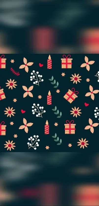 Festive pattern wallpaper with gifts and flowers on a dark background.