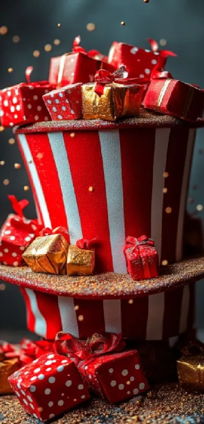 Festive stacked gift boxes in red and gold, perfect for holiday wallpaper.