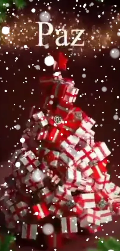 Festive Christmas tree made of red and white gifts with snowfall effect.