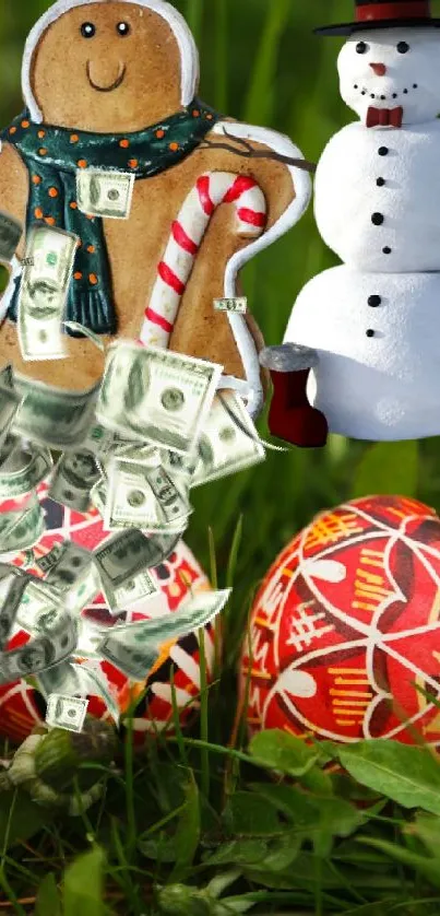 Festive wallpaper with a gingerbread man, snowman, and Easter eggs on green grass.