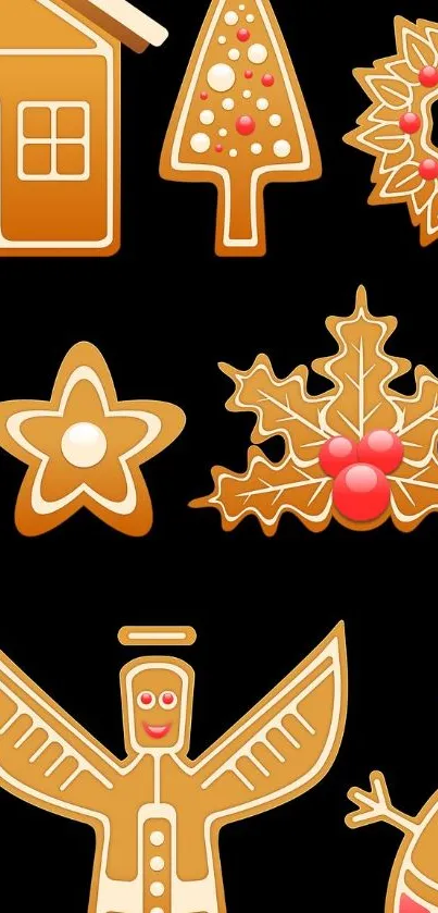 Festive gingerbread cookies on black background wallpaper.