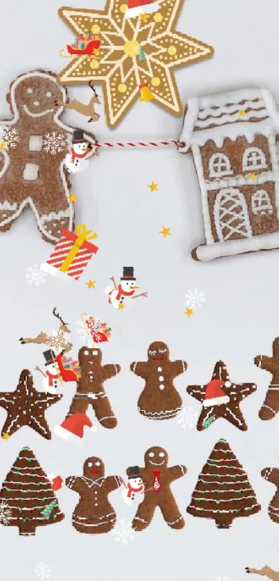 Gingerbread cookies and houses on Christmas background.