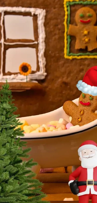 Gingerbread Christmas scene with Santa and festive decor.