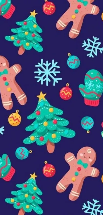 Colorful Christmas wallpaper with gingerbread, trees, and ornaments.