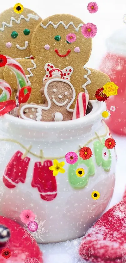 Festive Christmas wallpaper with gingerbread cookies in a decorative jar.