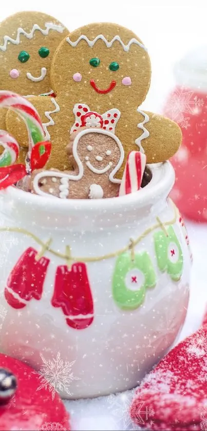 Festive gingerbread cookies with candy in a decorative jar.