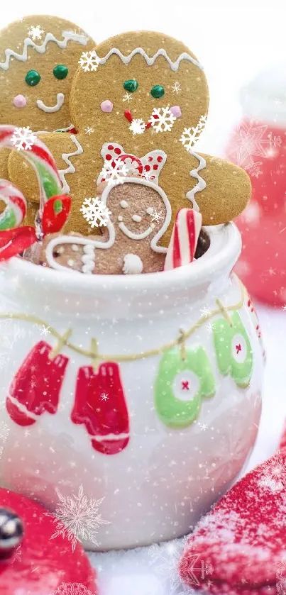 Festive gingerbread cookies in a jar with holiday decorations and snowflakes.