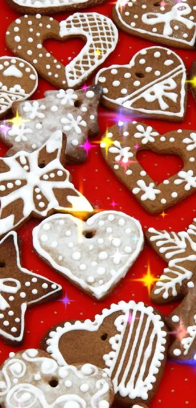 Festive gingerbread cookies on red background with icing designs.