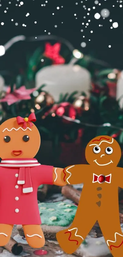 Festive wallpaper featuring a gingerbread couple and holiday decor.