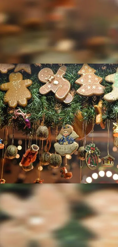 Festive gingerbread and holiday ornaments for mobile wallpaper.