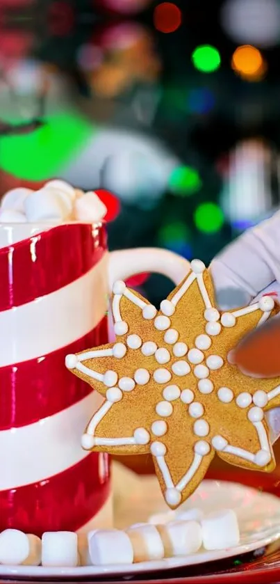 Festive wallpaper with gingerbread and candy cane.