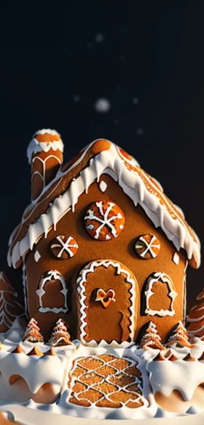 Gingerbread house with intricate white icing on a dark background.